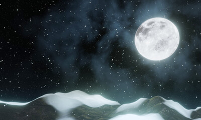 Full moon night. Snow is falling on the top of the hill. Hill. Early winter night. The sky is full of stars, the snow is falling, the moon is shining. 3D rendering