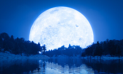 Super Full moon blue light. Lake, pine forest, snowy ground, shadow of the moon reflected in the water. Fantasy nature image of the rising night. There is a little fog. 3D rendering