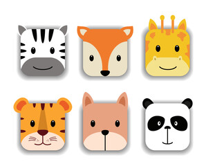 set of sticker cute square face animal horse fox girrafe tiger dog and panda set