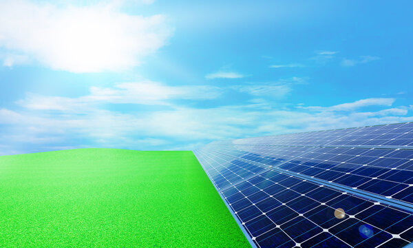 Solar panels on the meadow, clear sky, bright sunlight for generating electricity with sunlight. Solar farm which has many solar cells . 3D Rendering