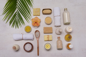 Lifestyle and Healthy Concept. Spa setting for massage treatment on gray background