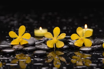Zelfklevend Fotobehang Still life of with  Two yellow orchid  with zen black stones on wet background,  © Mee Ting