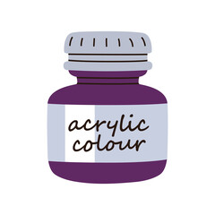Acrylic paint jar. Colour bottle closed with lid. Acryl color pack with cap. Dye package, plastic container. Art supplies. Flat vector illustration isolated on white background