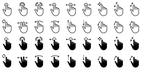 Fototapeta premium Gesture Tap Line and Silhouette Icon Set. Swipe Hand Finger Touch and Drag Linear, Glyph Pictogram. Pinch Screen, Rotate Up Down on Screen Outline Icon. Gesture Slide. Isolated Vector Illustration