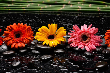 Still life of with 
Four flower ,with bamboo stem  and zen black stones on wet background
