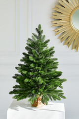 Artificial Christmas green tree without decorations on a metal stand isolated on a white background.