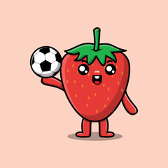 Cute cartoon strawberry character playing football in concept flat cartoon style illustration