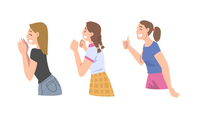 Obraz premium Excited teenage girls followers looking at someone with admiration cartoon vector illustration