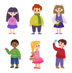 Cute kids set. Smiling stylish children in different poses. Beautiful multiracial boys and girls with book and toy. Happy preschoolers. Cartoon flat vector collection isolated on white background