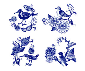 Set of isolated blue and  white birds sitting on a flowering branches in Chinese style. (various flowers, leaves, twigs, curls ). Vector clipart. Isolated design objects.