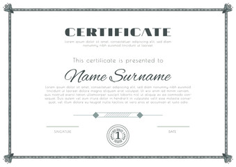 Certificate with ornamental thin frame . White Design blank with dark ornamental frame. Business modern design. Vector illustration