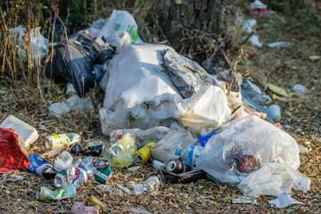 Inorganic waste collected in nature. A close-up view of inorganic waste collected in a pile in...