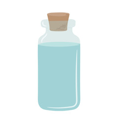 Single blue glass jar with liquid inside. The jar is closed with a stopper drawn by hand in the style of doodle. Isolated vector illustration.