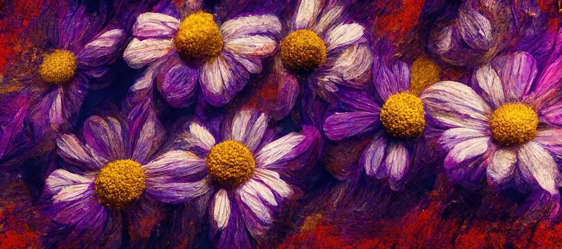 Artsy Indigo purple chamomile flowers, vintage ivory white and deep amber orange and ochre yellow shades. Expressionism meets surrealism digital painting. 