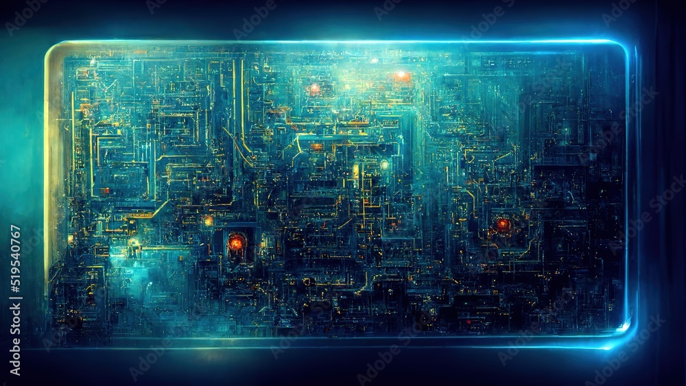 Poster AI. The printed circuit board. Technological education. Concept of central computer processor CPU. The digital chip of the motherboard. Technological illustration with blue chip lines, close-up view