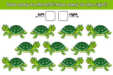 Educational worksheet for children. Left and right. Count how many fish are swimming right and left. Vector illustration.
