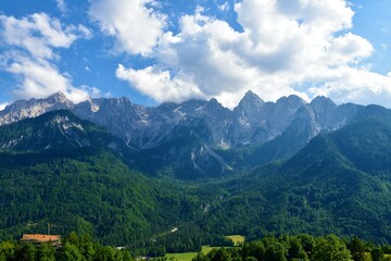 Naklejka na ściany i meble View of mountains in Julian alps, Gorenjska, Slovenia with mountains Kukova Spica and Skrlatica