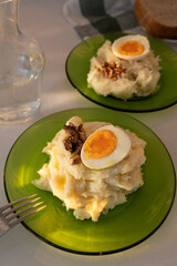 Cod with ajoarriero or atascaburras. Traditional recipe from La Mancha cuisine.