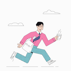 A business man, a student in glasses with a briefcase and coffee, runs quickly, waving his tie. Late business man, student hurrying on time. Flat style. Stock vector illustration of a late businessman