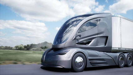Fototapeta na wymiar 3d model of futuristic electric truck very fast driving on highway. Logistic, future concept. 3d rendering.