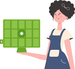 The girl holds a solar panel in her hand. Eco energy concept. Isolated on white background. trendy style. Vector illustration.