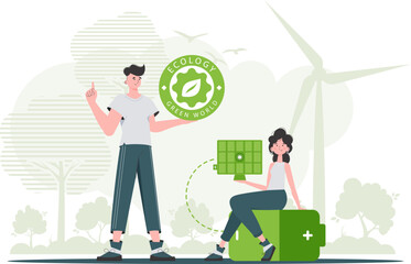 Boy and girl and solar panel. The concept of solar energy. Vector illustration.