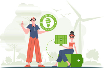 Woman and Man and solar panel. Eco energy concept. Vector.