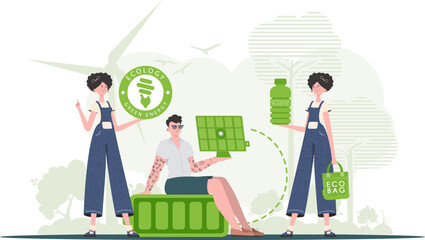 Caring about the environment. ECO friendly People. Fashion trend characters. Vector illustration.