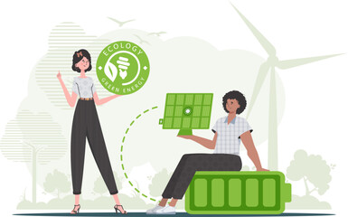 Woman and Man and solar panel. Green energy concept. Vector illustration.