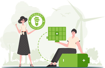 A girl and a guy and a solar panel. The concept of solar energy. Vector illustration.