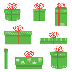 Festive green gift boxes with red ribbons.