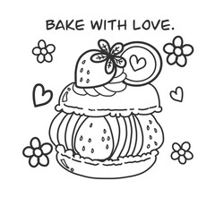 Coloring page with cute makaron strawberry.