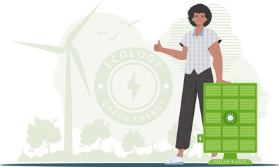 Green energy concept. A man stands near a solar panel. Vector. trendy style.