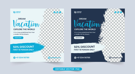 Travel agency social media banner for business promotion. Touring business poster design for advertisement. Vacation planner organization brochure template. Travel discount offers banner design.