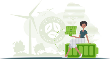 Eco energy concept. The girl sits on a battery and holds a solar panel in her hands. Vector illustration.