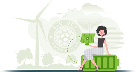 Green energy concept. A woman sits on a battery and holds a solar panel in her hands. trendy style. Vector illustration.