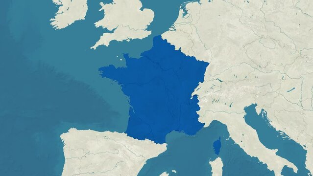 Zoom in to the map of France with text, textless, and with flag