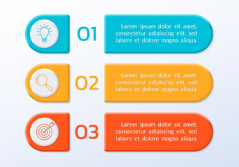 3 number list template. Three step business layout with text banners, numbers and icons. Modern info graphic design. Presentation, chart, brochure concept with 3d elements. Vector illustration.