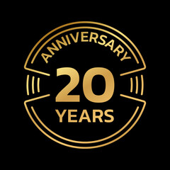 20th Anniversary golden logo or icon. 20 years round stamp design. Birthday celebrating, jubilee circle badge or label template. Vector illustration.