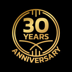 Fototapeta na wymiar 30th Anniversary golden logo or icon. 30 years round stamp design. Birthday celebrating, jubilee circle badge or label template. Vector illustration.