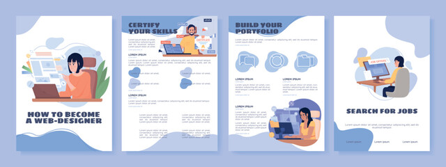 Become web designer flat vector brochure template. Booklet, leaflet printable flat color designs. Editable magazine page, reports kit with text space. Sigmar One, Balsamiq Sans, Comfortaa fonts used