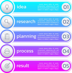 5 number list template. Five step business layout with text banners, numbers and icons. Modern info graphic design. Presentation, chart, brochure concept. Vector illustration.