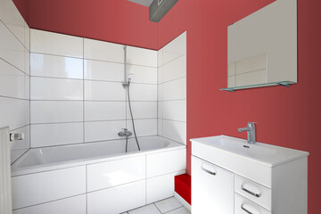 Renovated barthroom with white tiles and new sink