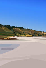 Obraz premium Sea coast. Landscape. The shores of the salt lake are covered with salt. Dry autumn grass around the salty ground.