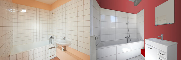 Renovation of a bathroom Before and after in horizontal format