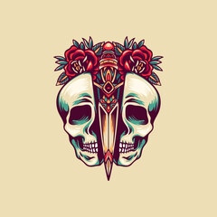 Broken Skull And Knife Retro Illustration