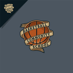 illustration of basketball with circular ribbon. for logo or icon