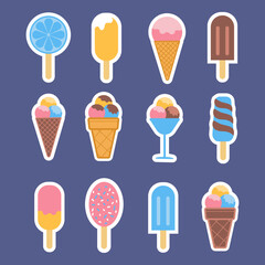 Creamy ice cream in chocolate glaze sticker pack icon, flat design vector illustration set of sticker icons