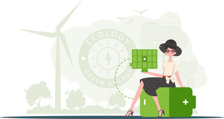Green energy concept. The girl sits on a battery and holds a solar panel in her hands. trendy style. Vector illustration.