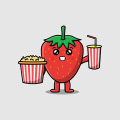 Cute cartoon strawberry with popcorn and drink ready to watching film in cinema vector illustration
